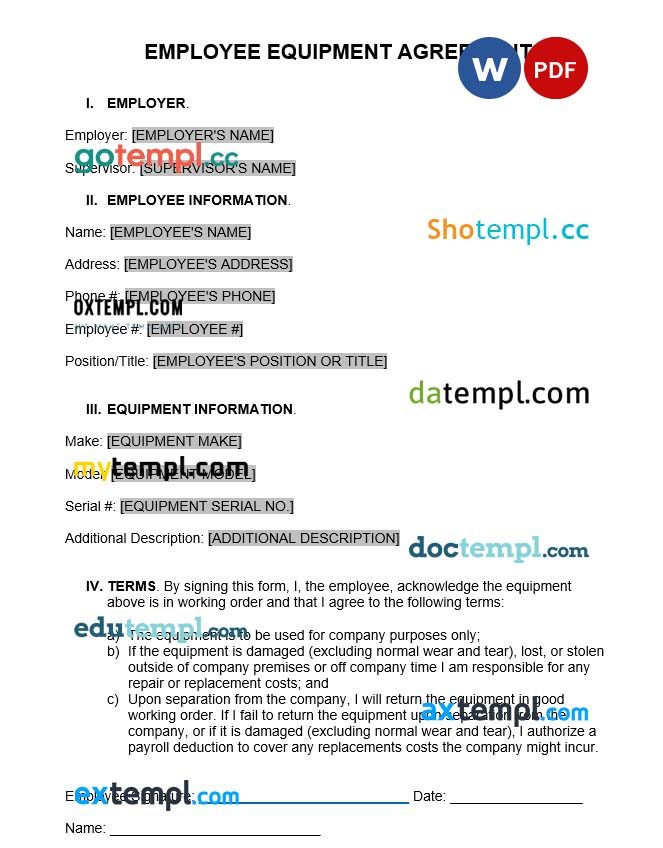 Employee Equipment Agreement Word example, completely editable