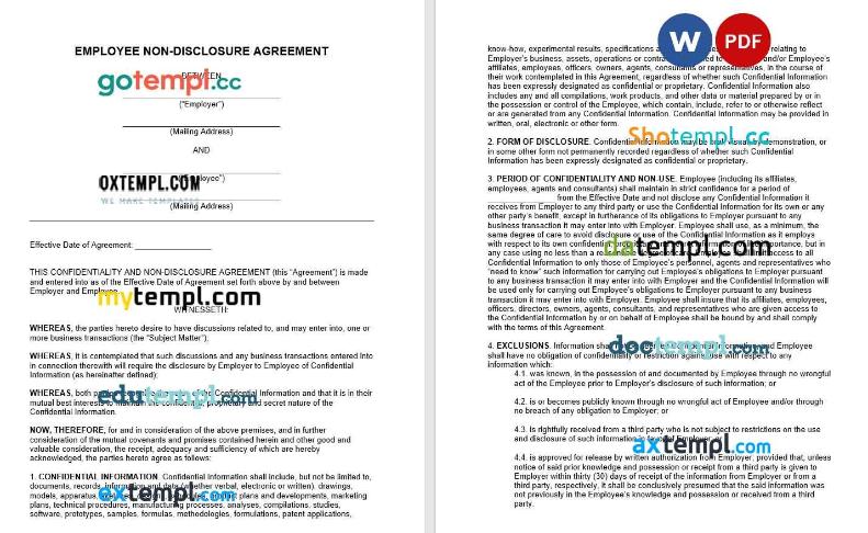 Employee Non Disclosure Agreement NDA Word example, fully editable