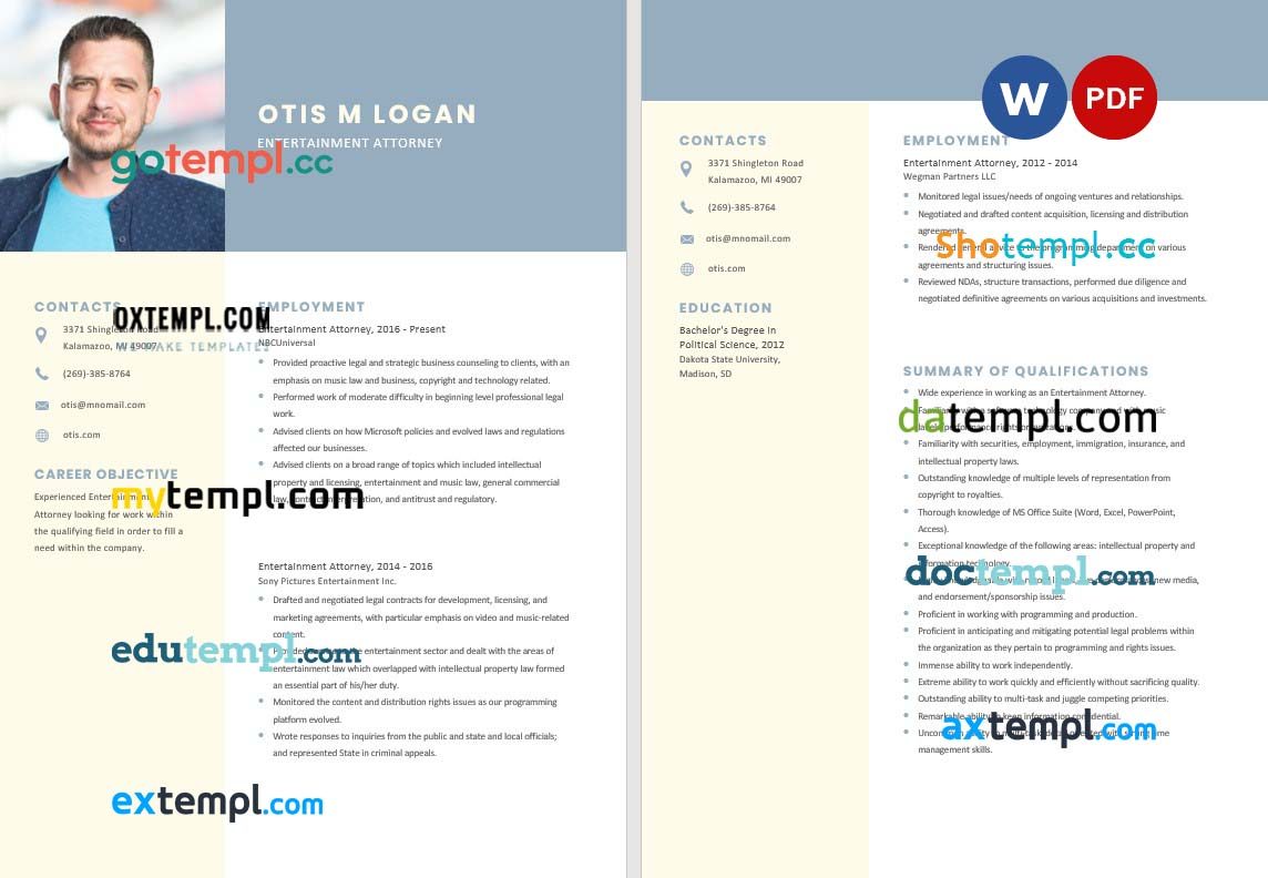 Entertainment Attorney Resume Template, fully editable