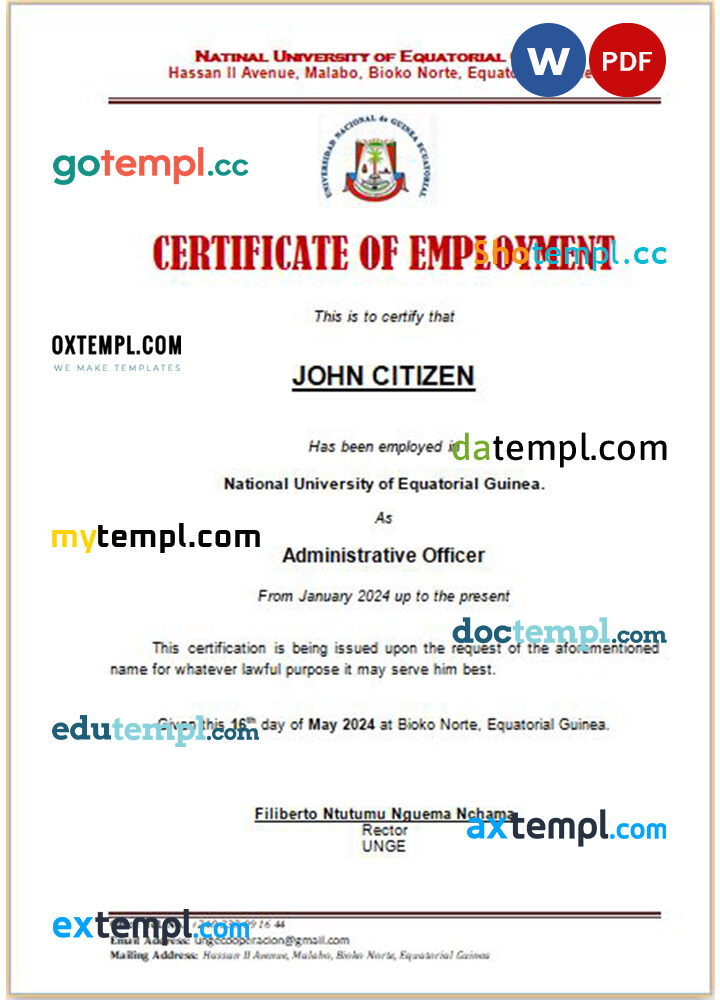 Equatorial Guinea National University certificate of employment Word and PDF download template