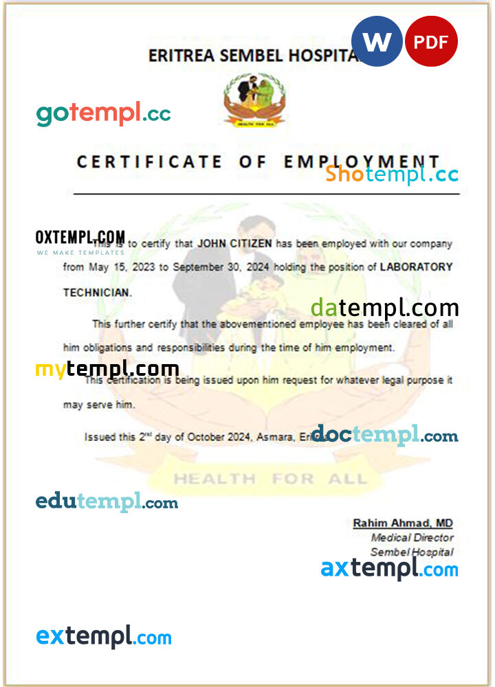 Eritrea Sembel Hospital certificate of employment Word and PDF download template