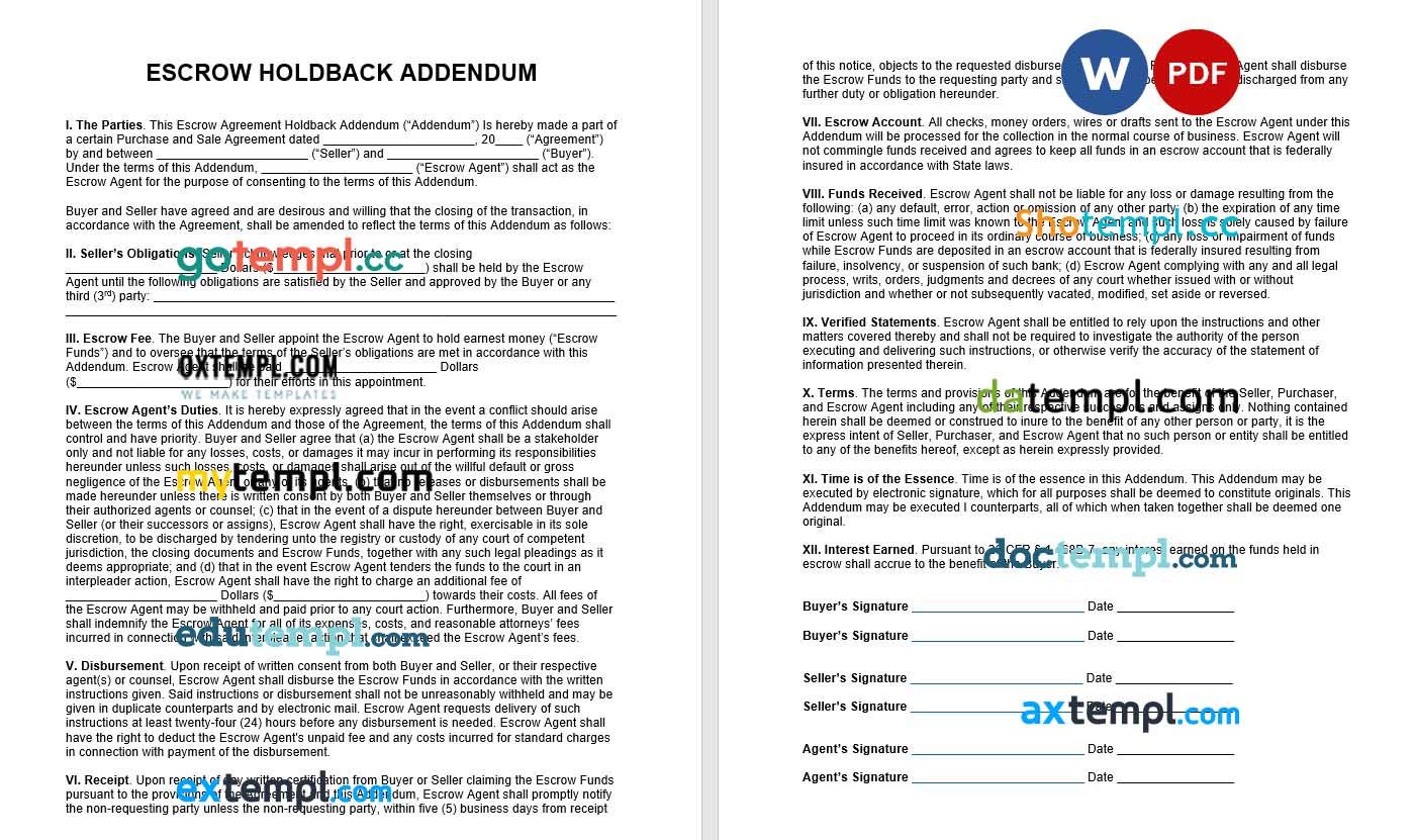 Escrow Holdback Addendum Word example, fully editable