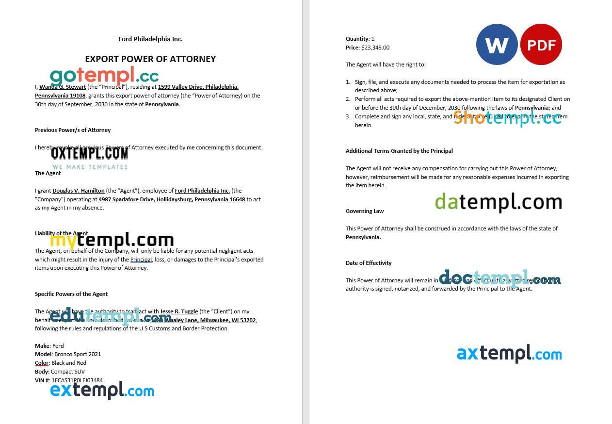 Export Power of Attorney example, fully editable