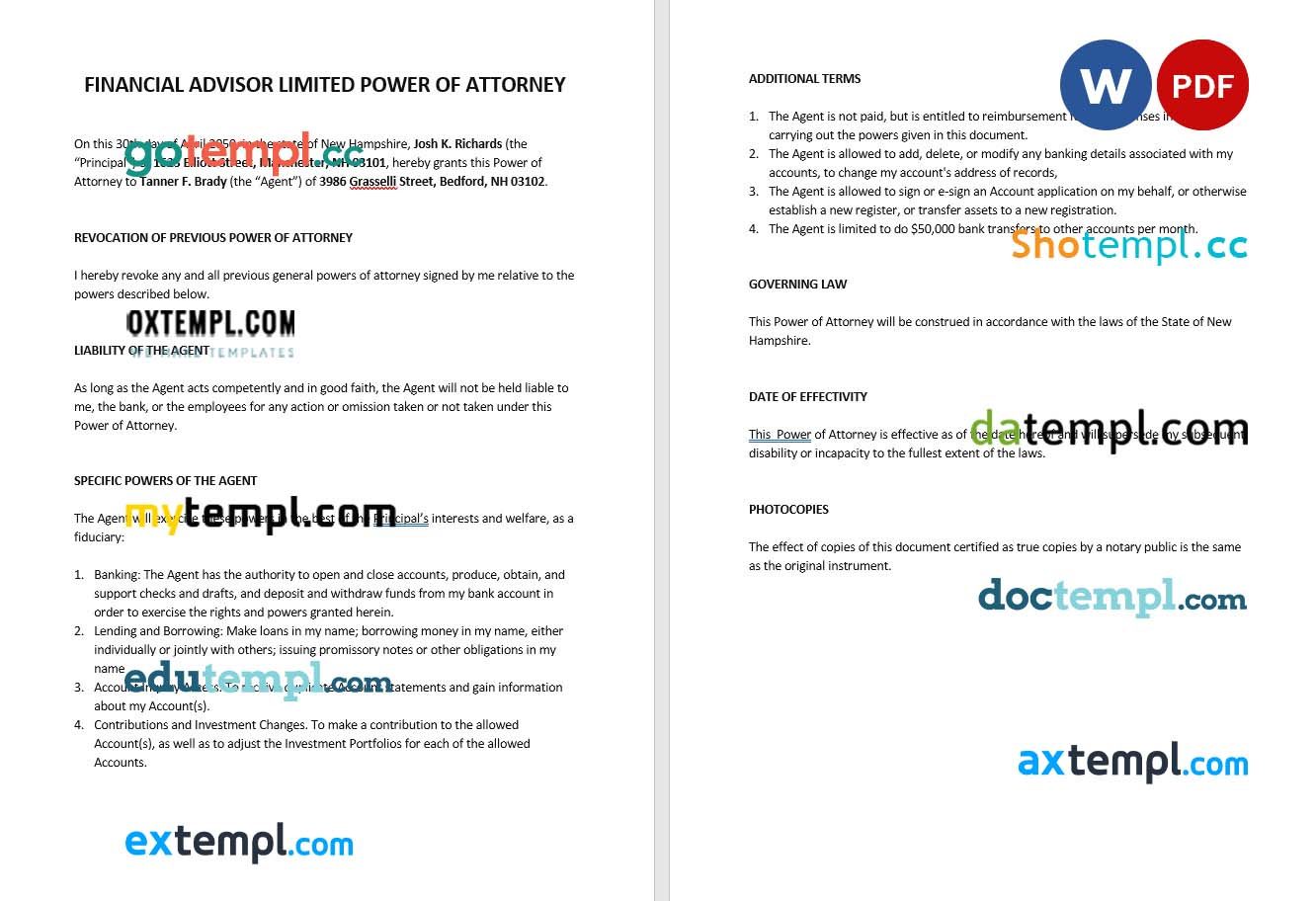 Financial Advisor Limited Power of Attorney example, fully editable