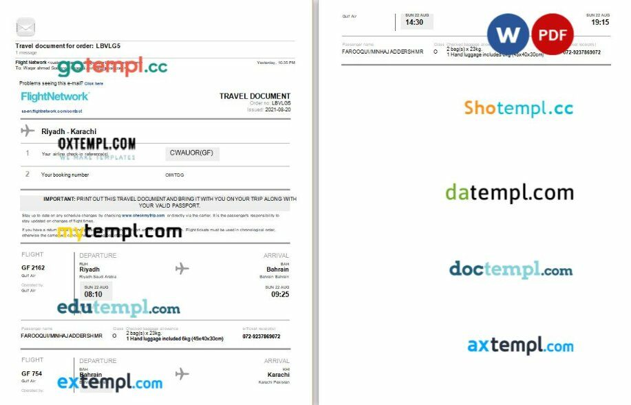 Flight Network - Gulf Air airplane e-ticket, Word and PDF download template, 2 pages