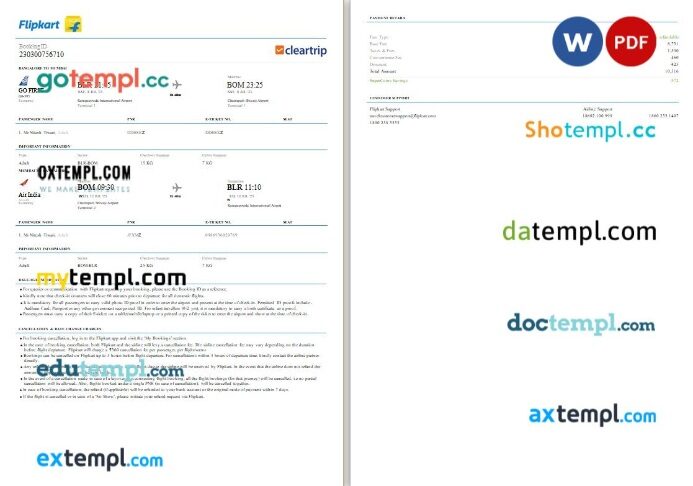 Flipkart, Cleartrip - Go First, Air India airplane e-ticket, Word and PDF download template, 2 pages