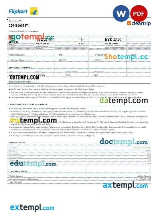 Flipkart, Cleartrip - SpiceJet airplane e-ticket, Word and PDF download template