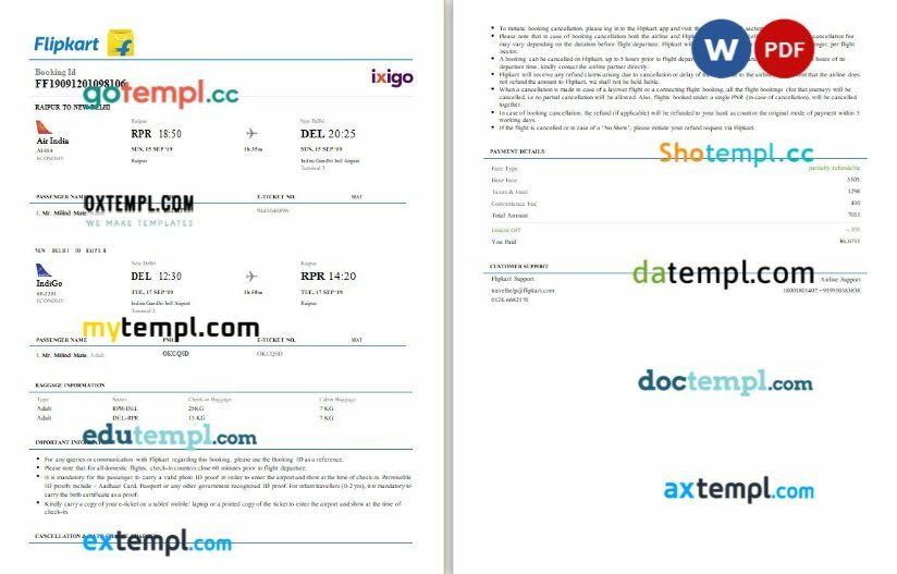 Flipkart + ixigo - Vistara airplane e-ticket, Word and PDF download template, 2 pages
