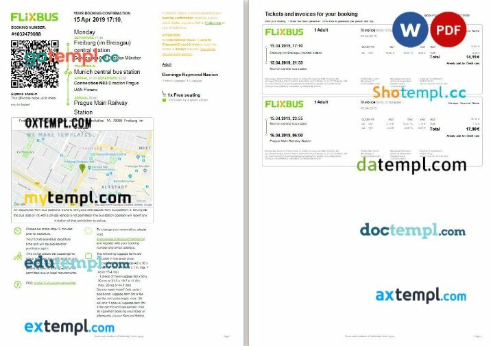 FlixBus bus e-ticket, Word and PDF download template, 2 pages, version 2