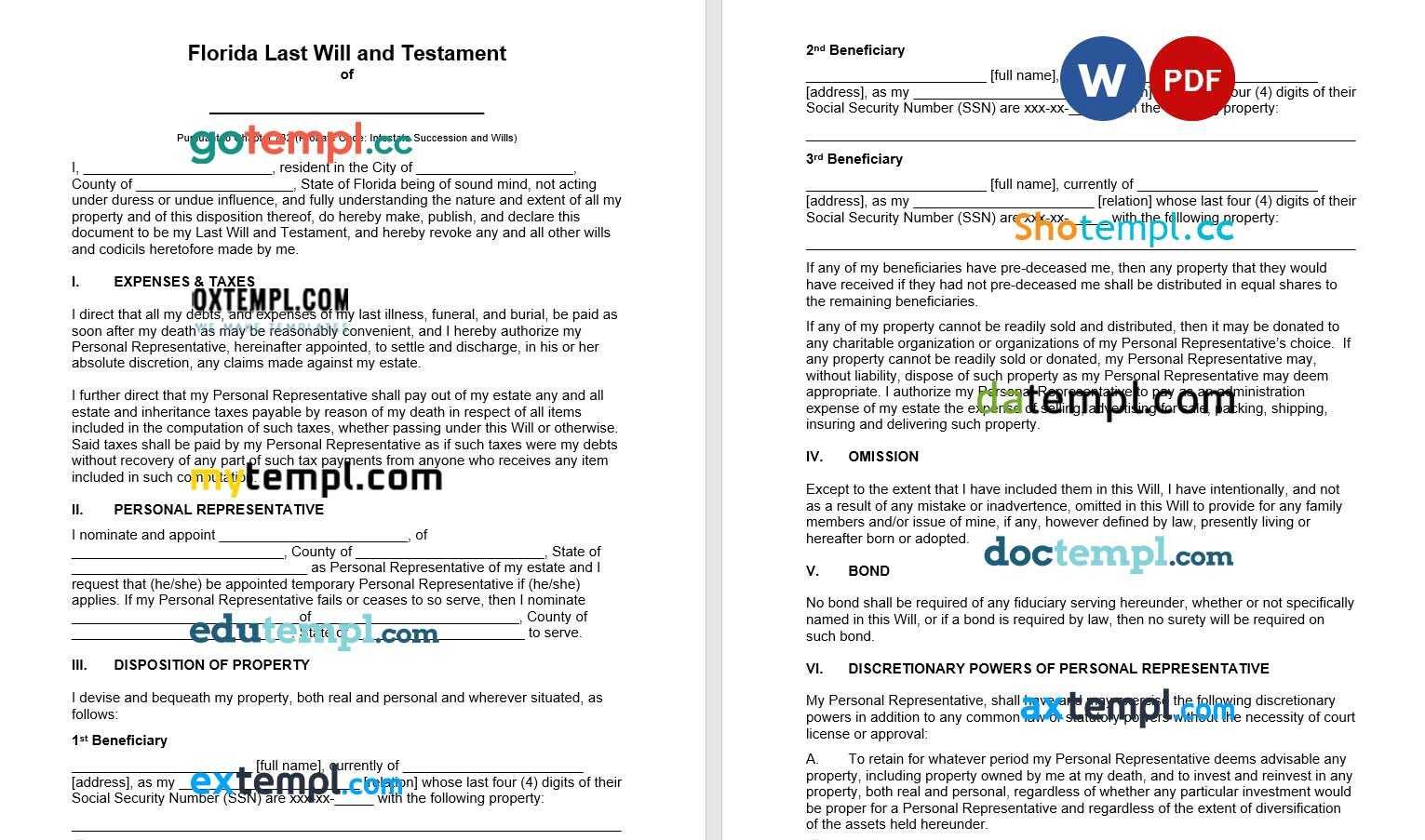 Florida Last Will and Testament example, fully editable