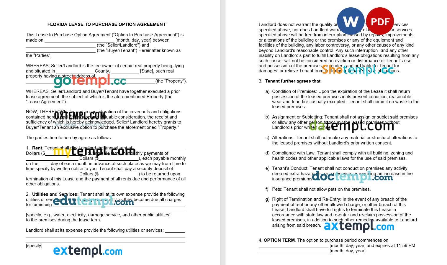 Florida Lease to Own Option to Purchase Agreement example, fully editable