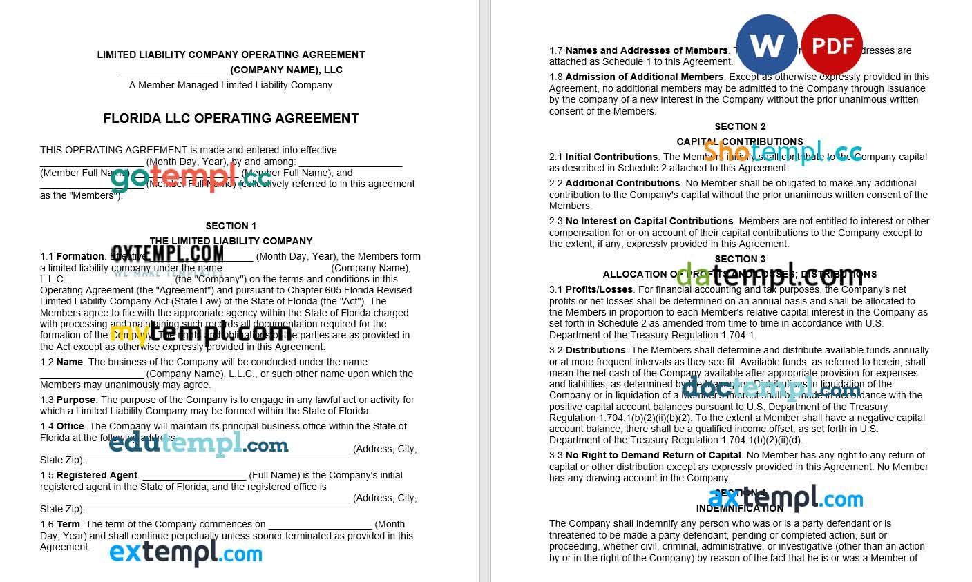 Florida Multi-Member LLC Operating Agreement Word example, fully editable