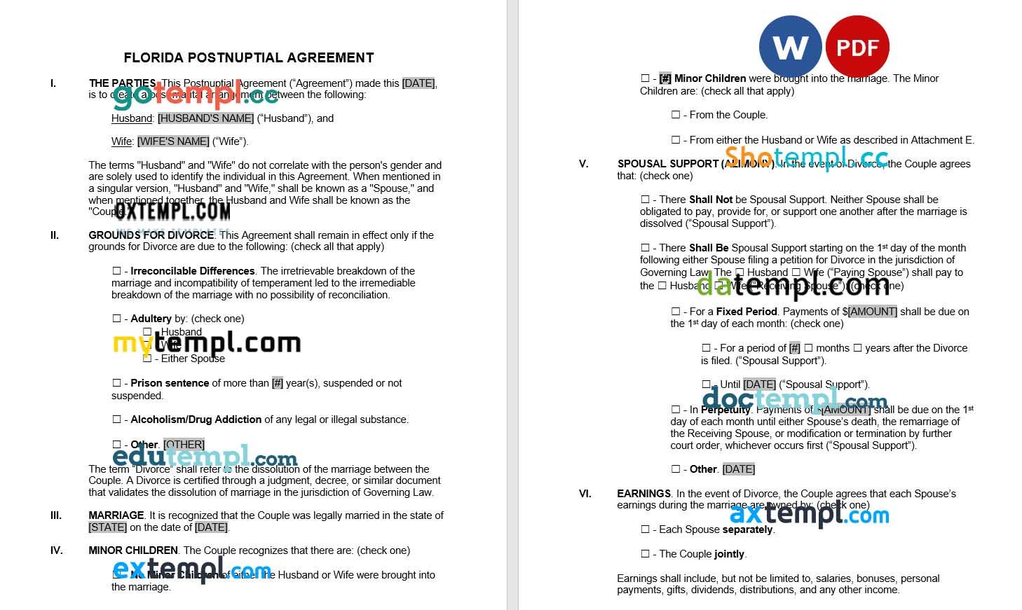 Florida Postnuptial Agreement Word example, completely editable