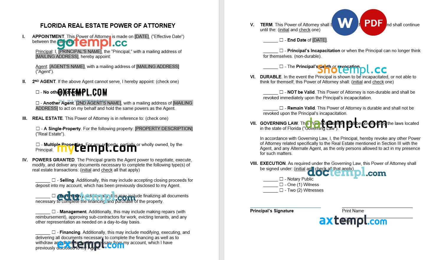 Florida Real Estate Power of Attorney Form example, fully editable