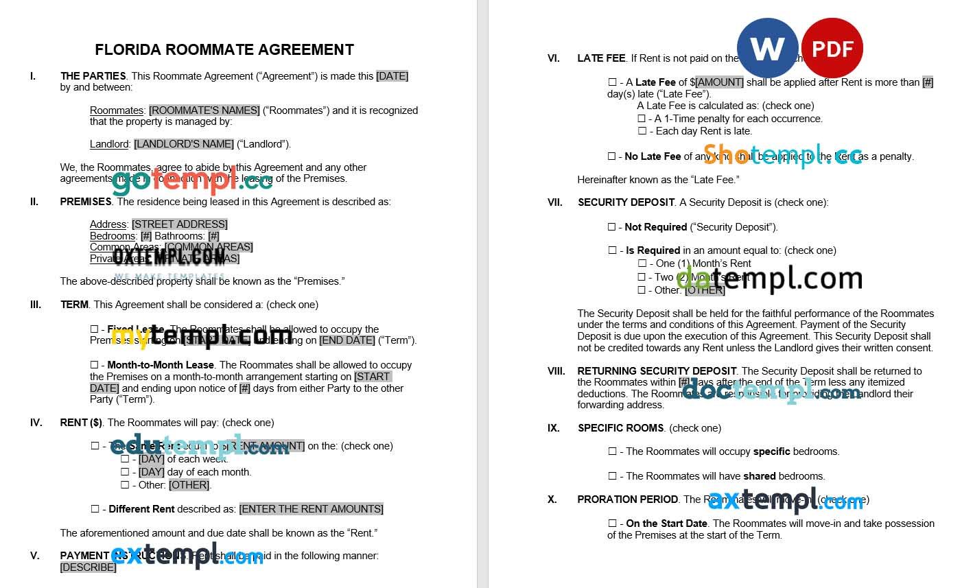 Florida Roommate Rental Agreement Word example, fully editable