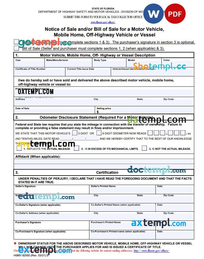 Florida Vehicle Boat Bill of Sale example, fully editable