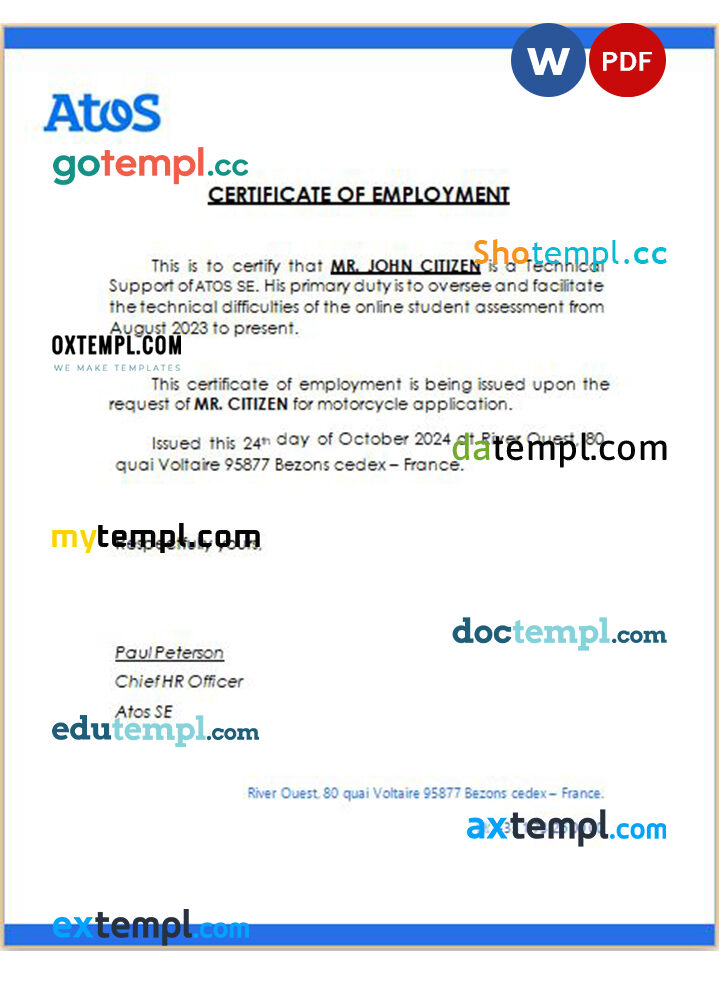 France Atos SE certificate of employment Word and PDF download template