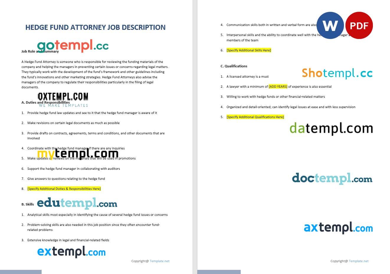 Free Hedge Fund Attorney Job Description example, fully editable