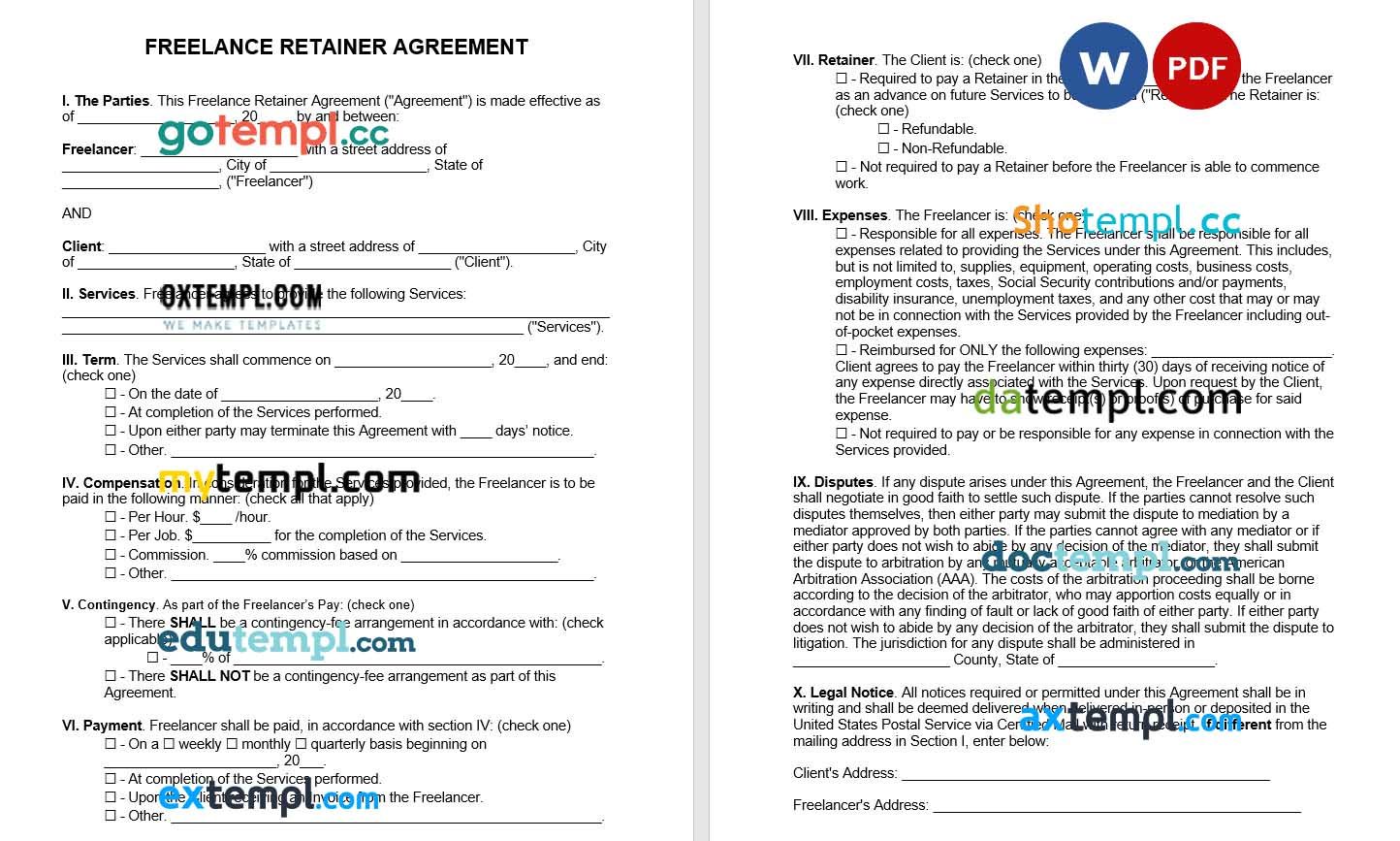 Freelance Retainer Agreement Word example, fully editable