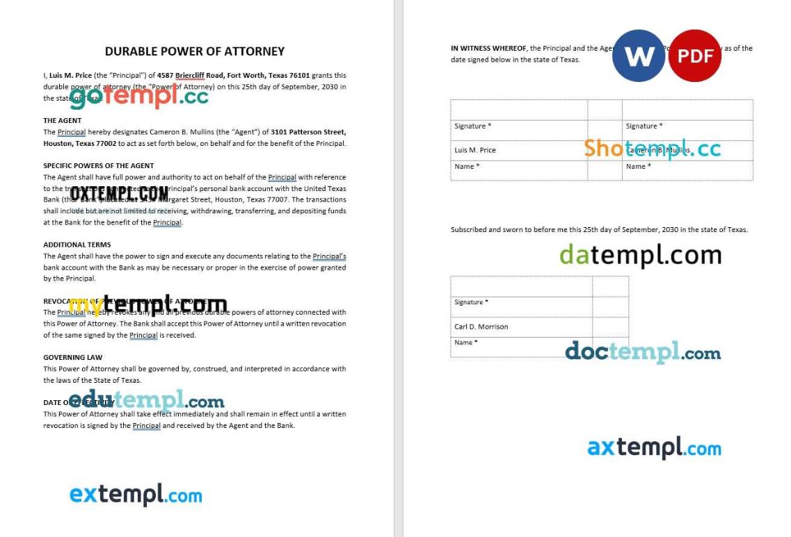 General Durable Power of Attorney example, fully editable