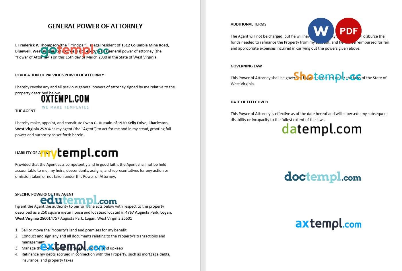 General Power of Attorney Form example, fully editable