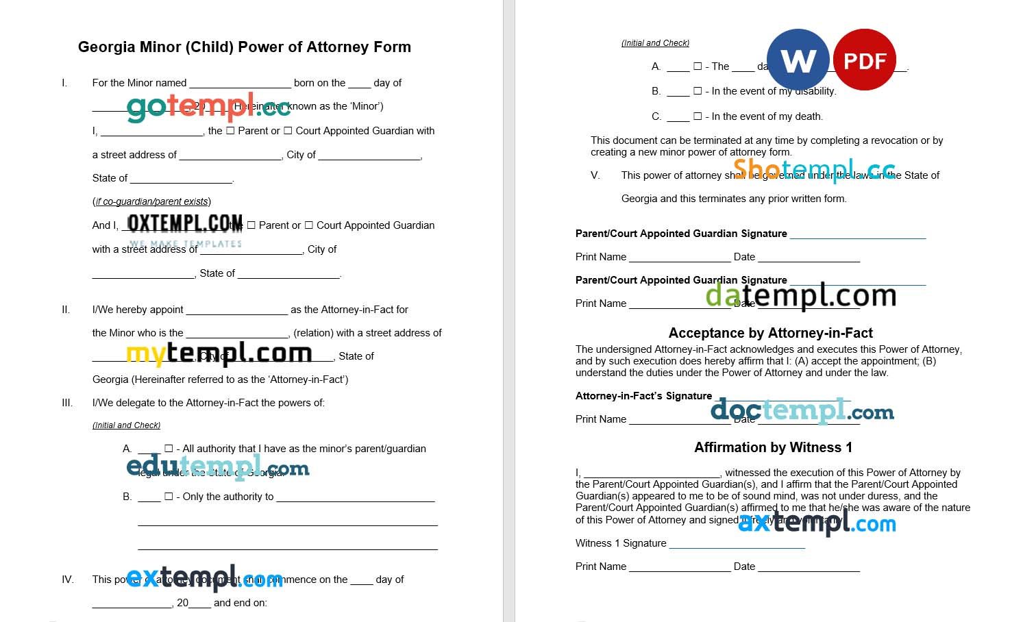 Georgian Minor Child Power of Attorney Form example, fully editable