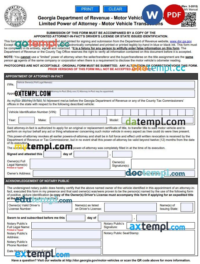 Georgian Motor Vehicle Power of Attorney (Form T-8) example, fully editable
