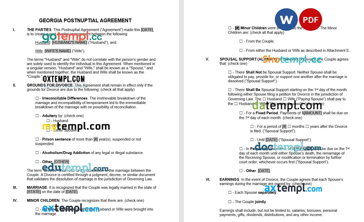 Georgian Postnuptial Agreement Word example, fully editable