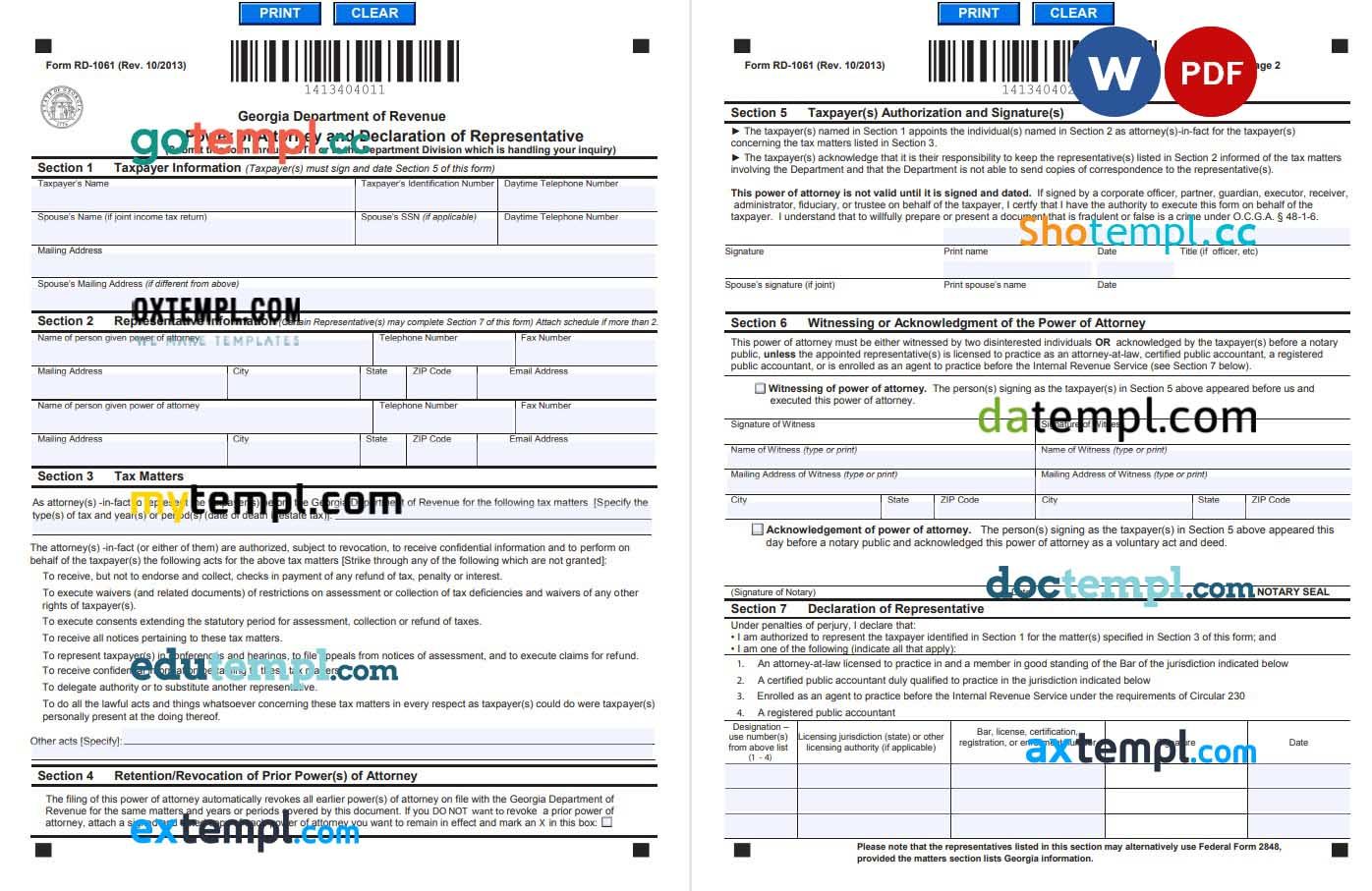 Georgian Tax Power of Attorney (Form RD-1061) example, fully editable