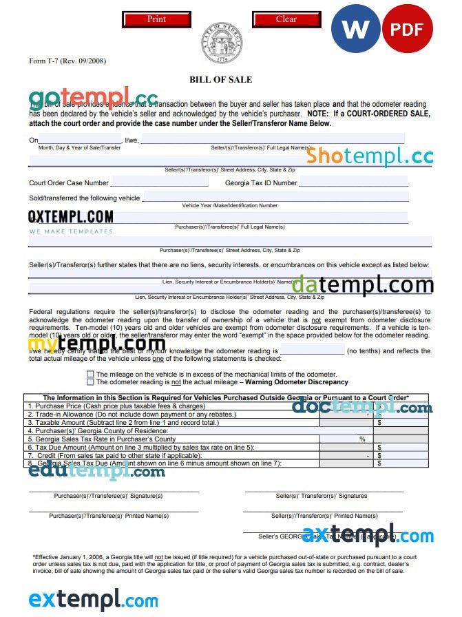 Georgian Vehicle Bill of Sale Form example, fully editable