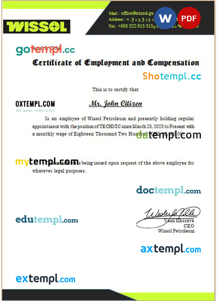 Georgia Wissol Petroleum certificate of employment and compensation Word and PDF download template