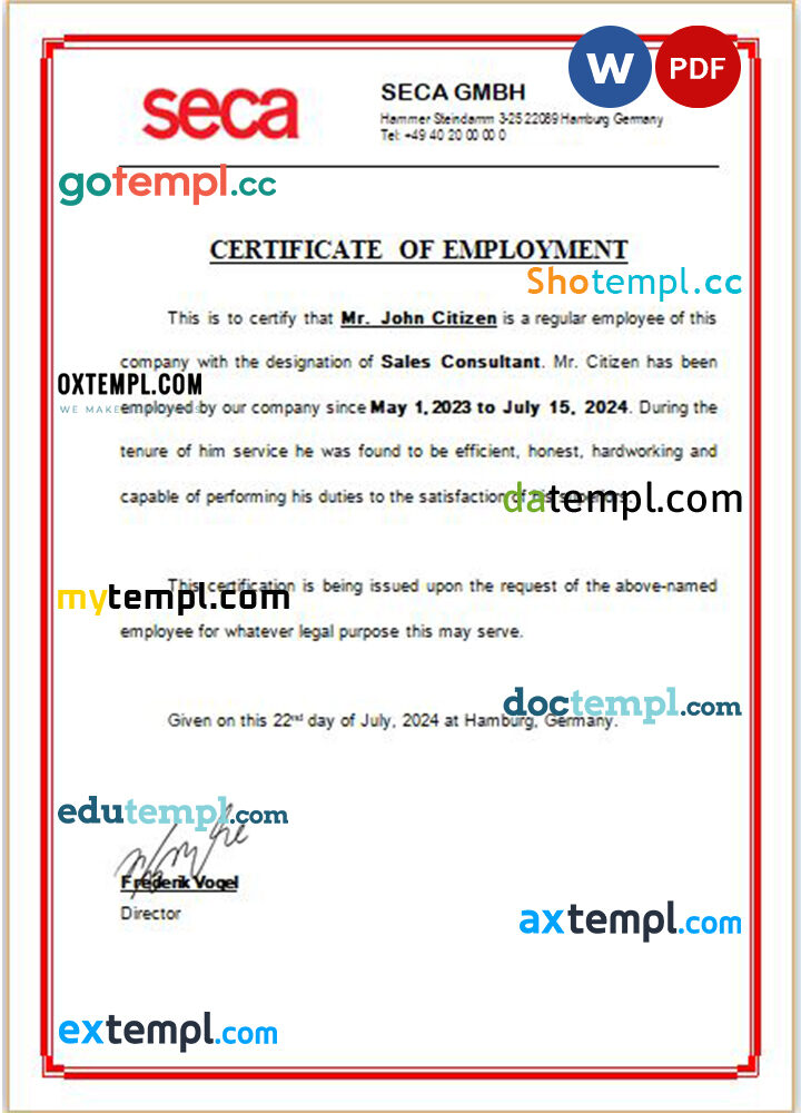 Germany Seca Gmbh certificate of employment Word and PDF download template