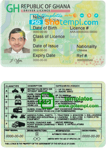 Ghanaian driver license download example in PSD format, fully editable, with all fonts