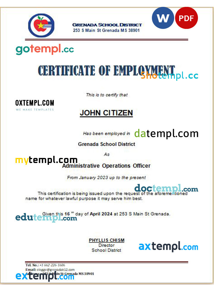 Grenada School District certificate of employment Word and PDF download template