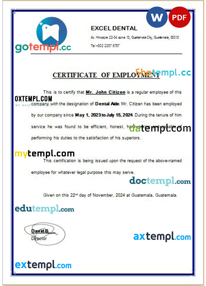 Guatemala Excel Dental certificate of employment Word and PDF download template