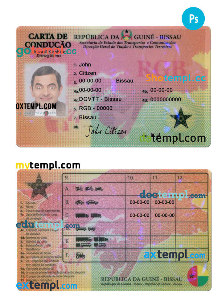 Guinea-Bissau driving license PSD template, completely editable