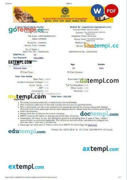 Gujarat State Road Transport Corporation bus e-ticket, Word and PDF download template