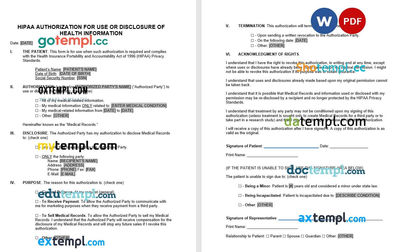 HIPAA Authorization for Use or Disclosure of Health Information example, fully editable