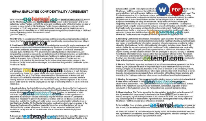 HIPAA Employee Confidentiality Non-Disclosure Agreement NDA Word example