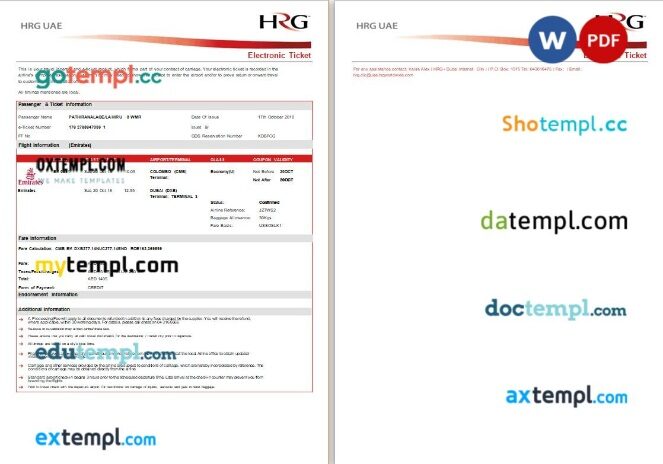 HRG UAE Emirates airplane e-ticket, Word and PDF download template, 2 pages