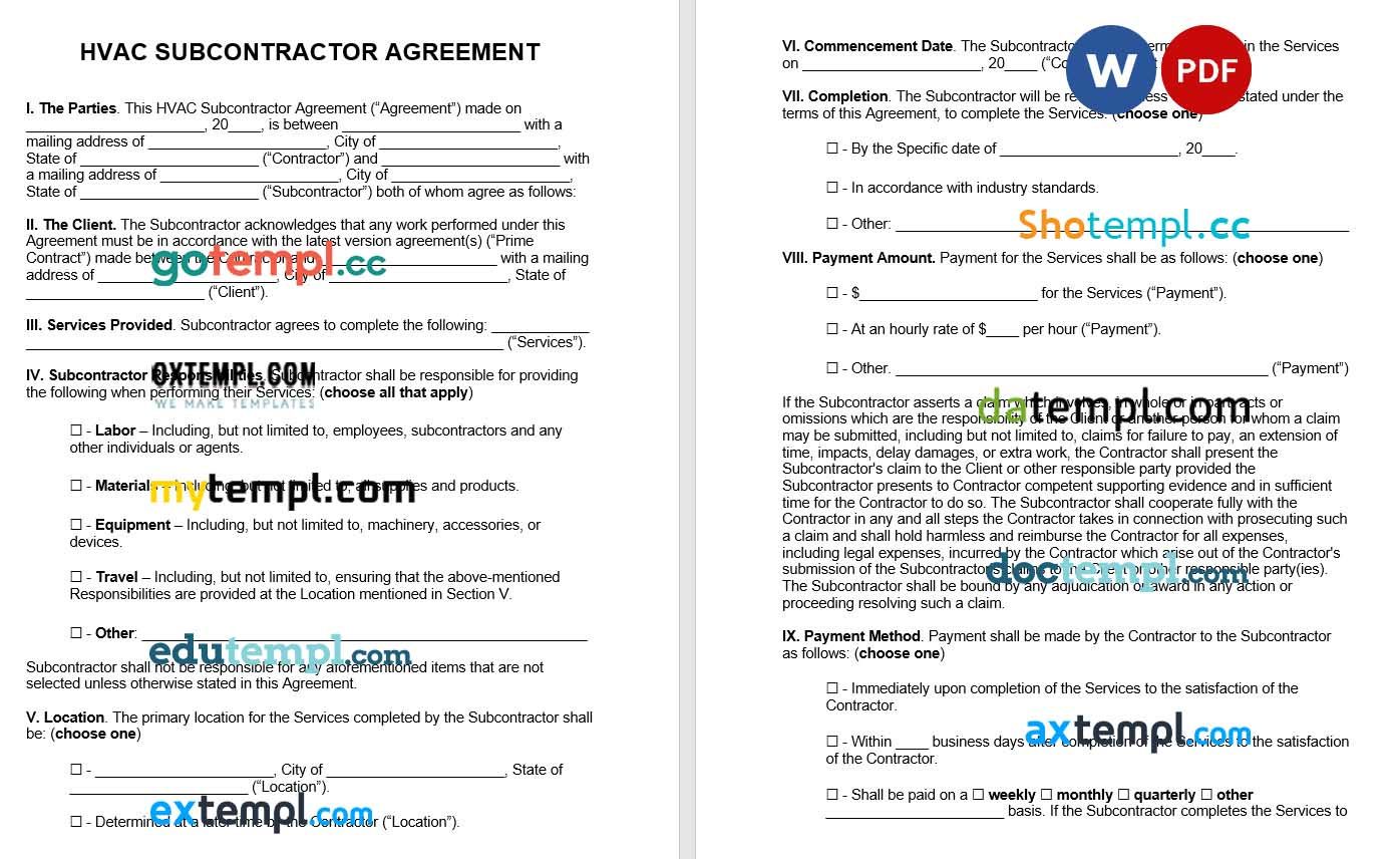 HVAC Subcontractor Agreement Word example, fully editable