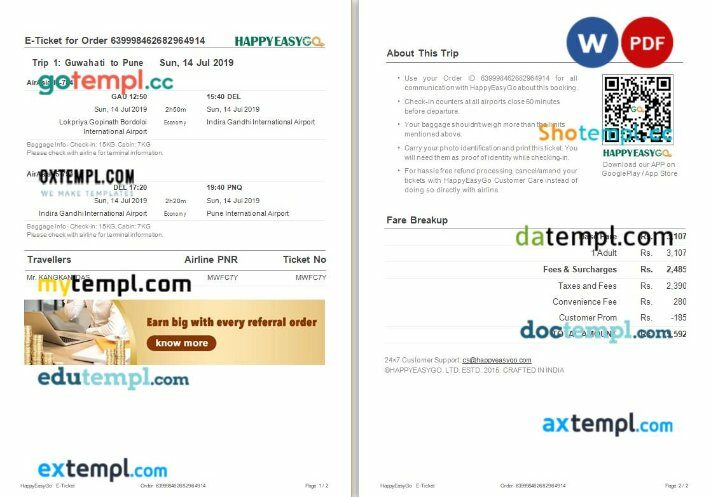 HappyEasyGo - AirAsia airplane e-ticket, Word and PDF download template, 2 pages