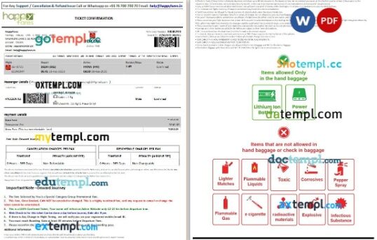 HappyFares + SpiceJet airplane e-ticket, Word and PDF download template, 2 pages