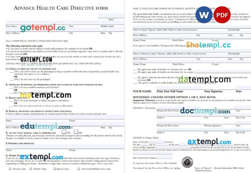 Hawaii Advance Health Care Directive example, fully editable