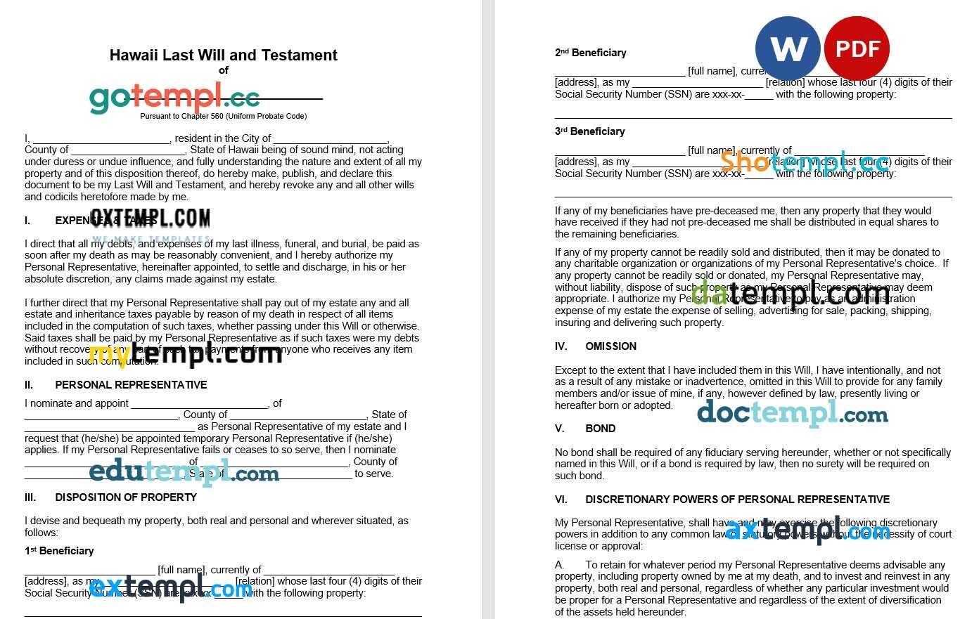 Hawaii Last Will and Testament example, fully editable
