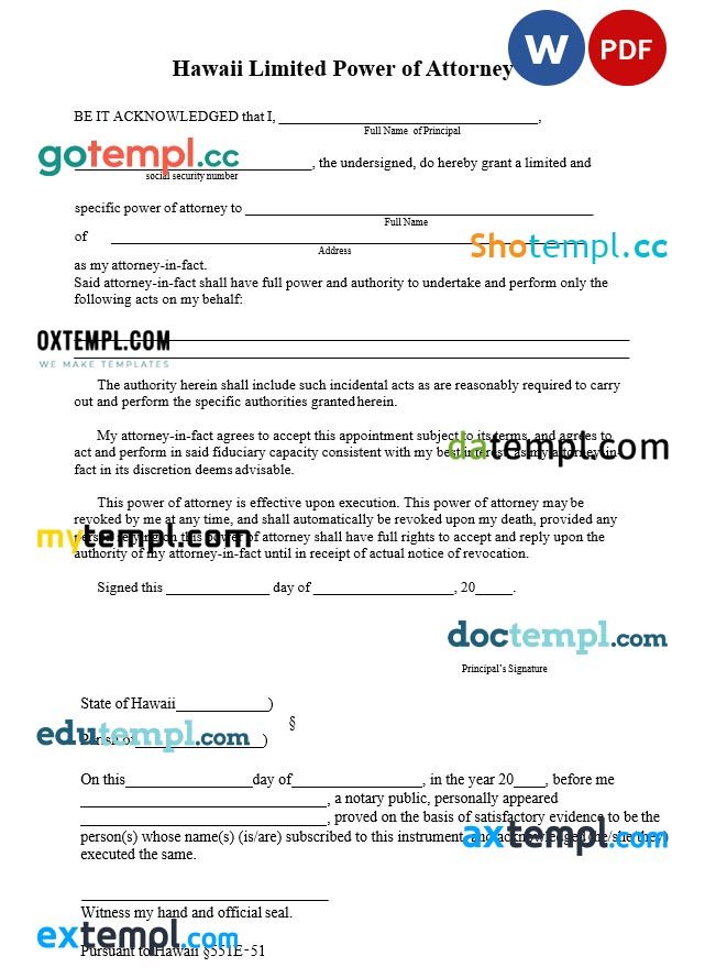 Hawaii Limited Power of Attorney Form example, fully editable