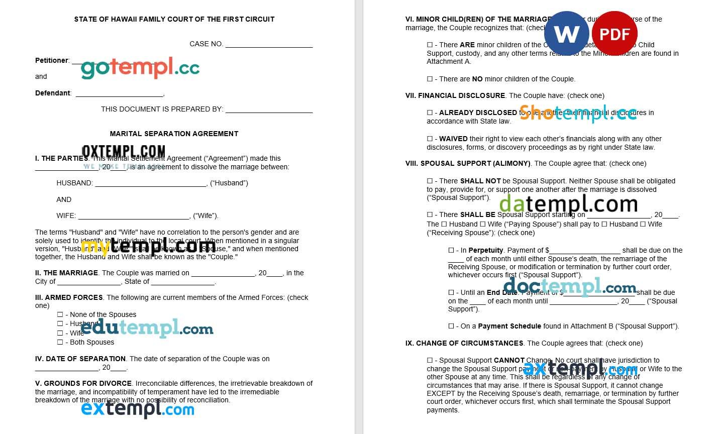 Hawaii Marital Settlement Agreement word example, fully editable