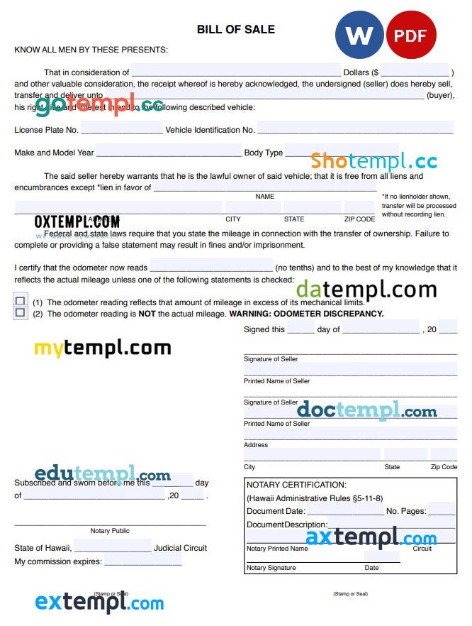 Hawaii Motor Vehicle Bill of Sale example, fully editable