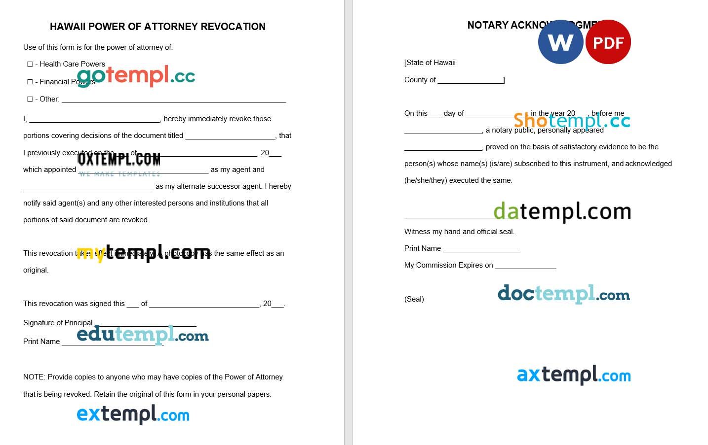 Hawaii Power of Attorney Revocation Form example, fully editable