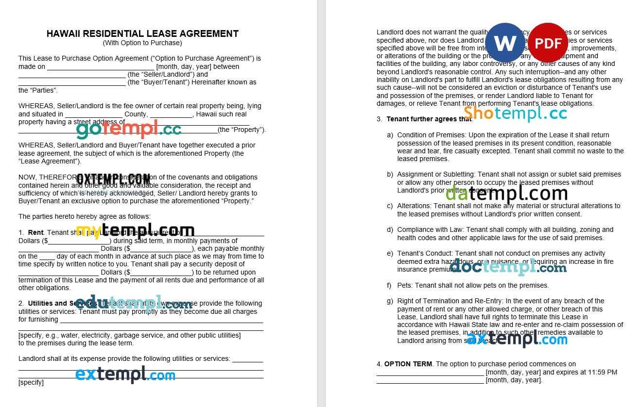 Hawaii Residential Lease with Option to Purchase Form Word example, fully editable